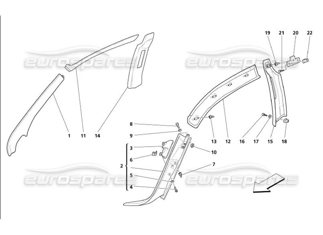 maserati 4200 gransport (2005) inner covering - central and front post covering - side rail cover parts diagram