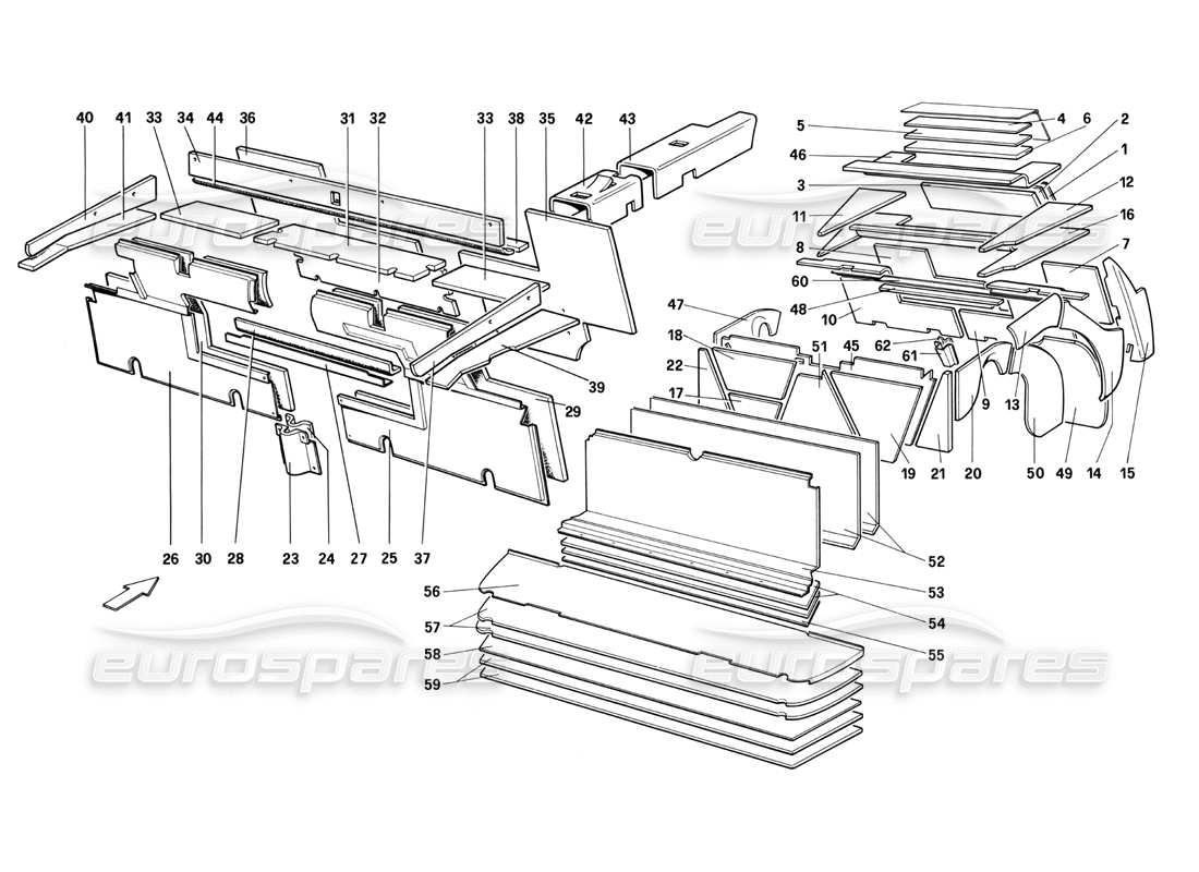 ferrari mondial 3.0 qv (1984) quattrovalvole luggage and passenger compartmente insulatior - cabriolet parts diagram