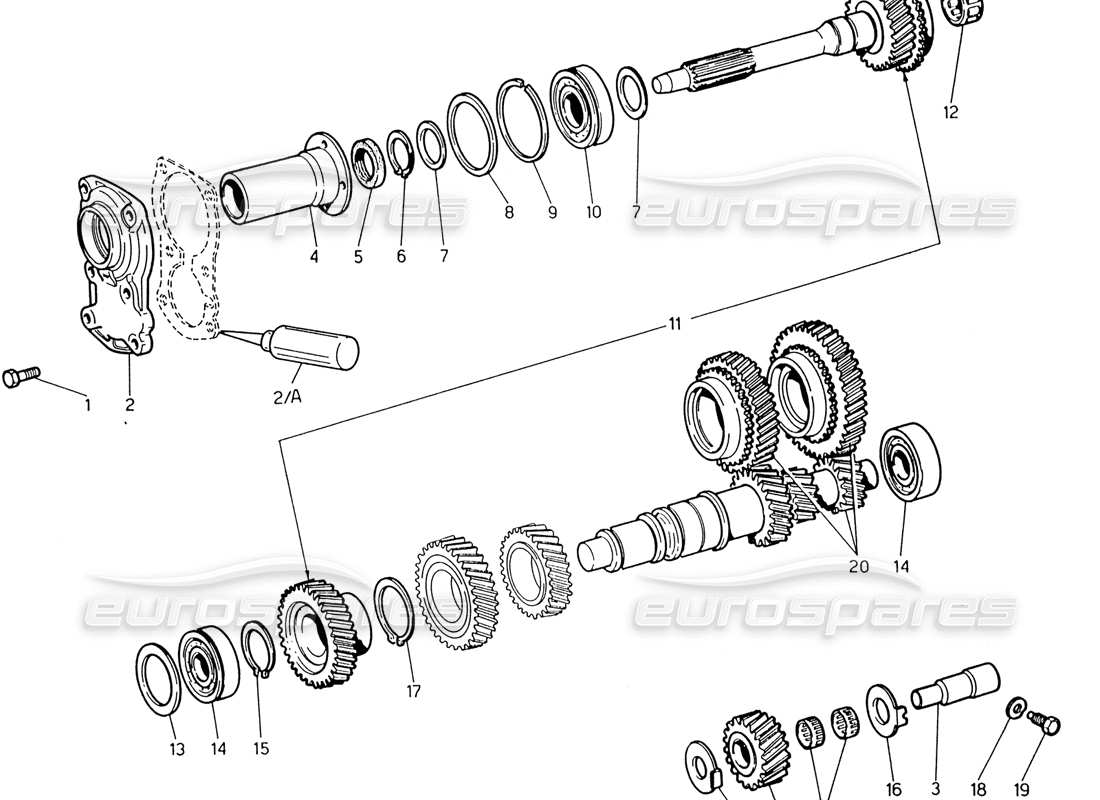 maserati 222 / 222e biturbo transmission - layshaft and directs-drive parts diagram