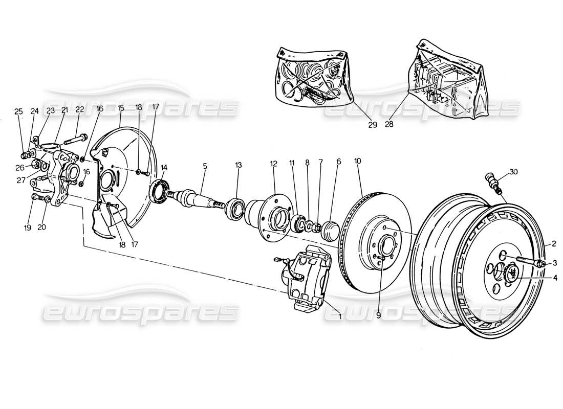 maserati 222 / 222e biturbo wheels, hubs and front brakes part diagram