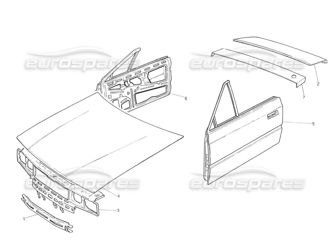 maserati biturbo spider body shell: front panel, bonnet, roof panel, doors and hood part diagram