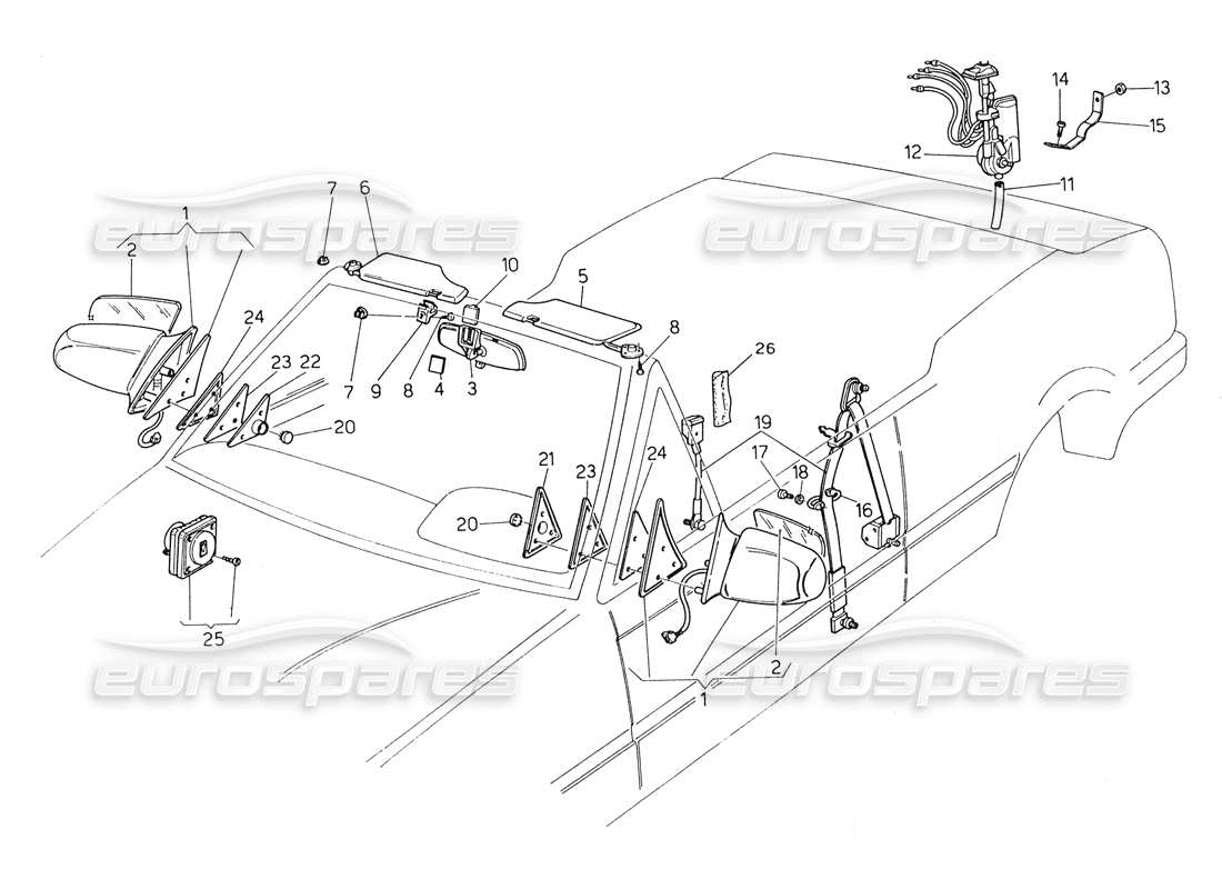 maserati biturbo spider seat belts-mirrors and sun visor part diagram