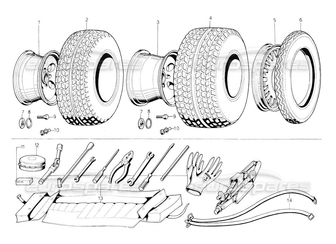 lamborghini countach 5000 qvi (1989) tool kit, tyre and rims parts diagram