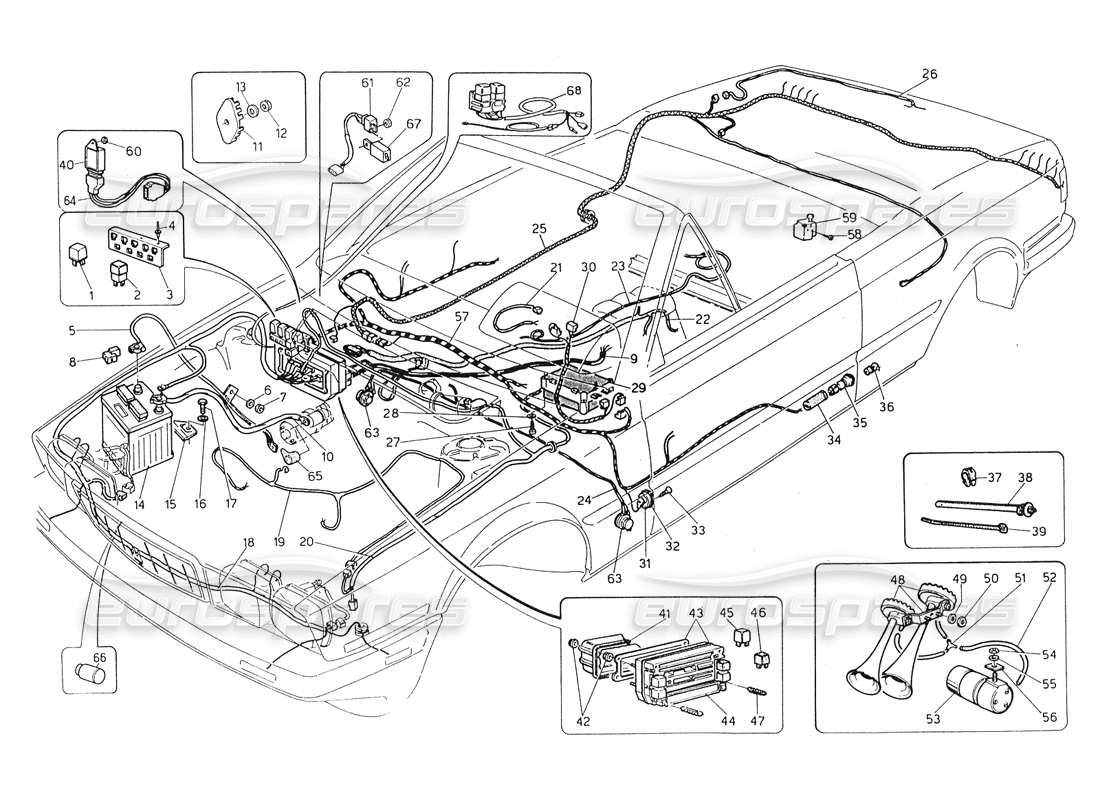 maserati biturbo spider wiring harness and electrical components (rh steering) part diagram