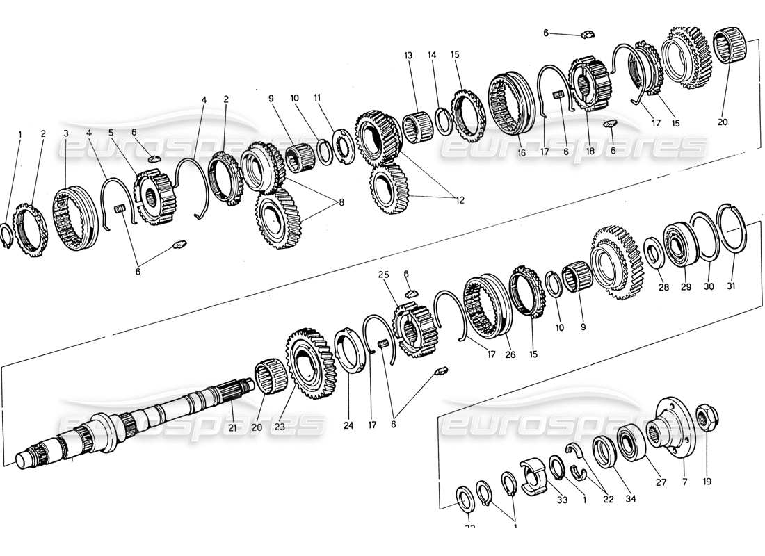 maserati 222 / 222e biturbo transmission - main shaft parts diagram