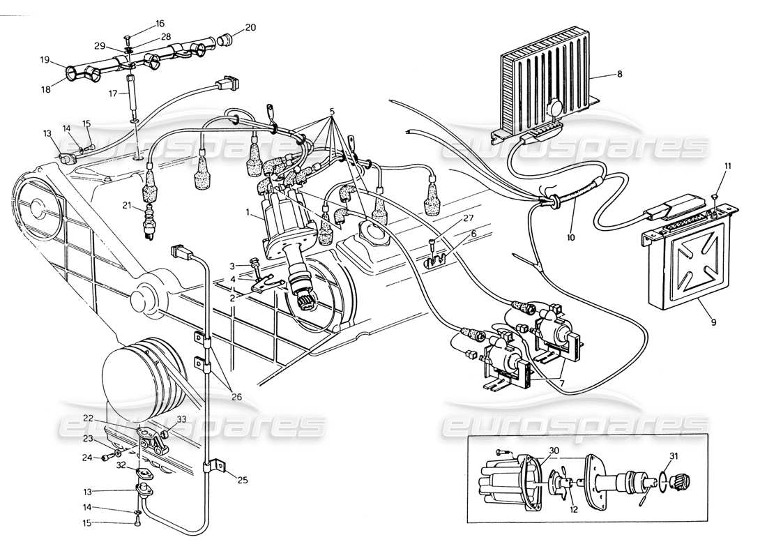 maserati 222 / 222e biturbo ignition system - distributor part diagram