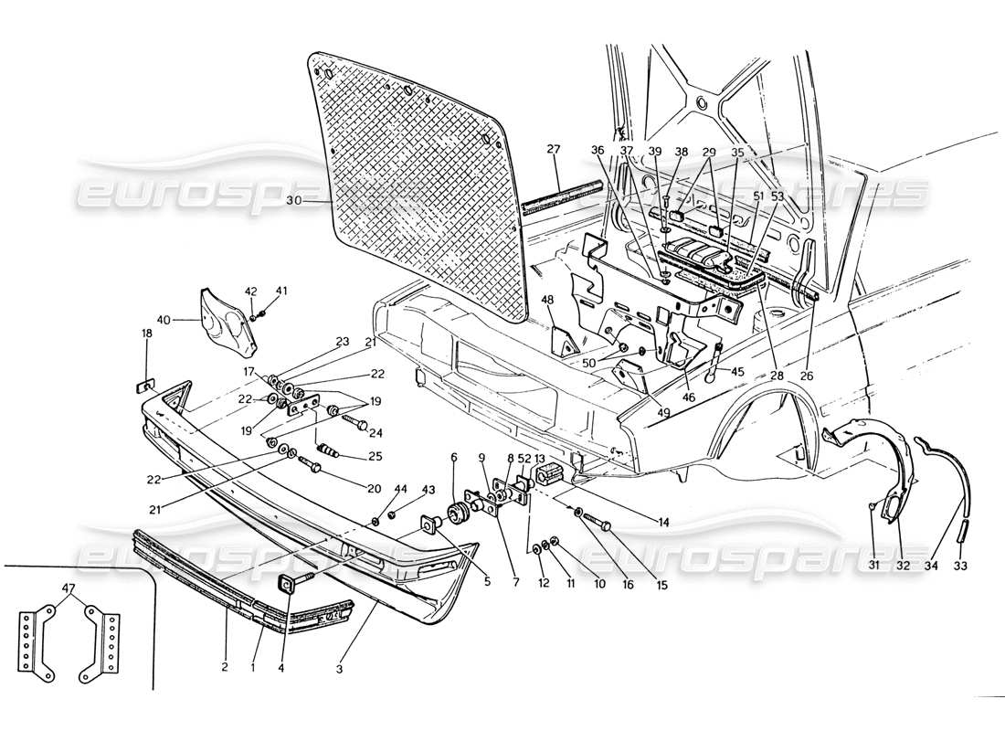 maserati 222 / 222e biturbo front bumper and sound proof felts part diagram