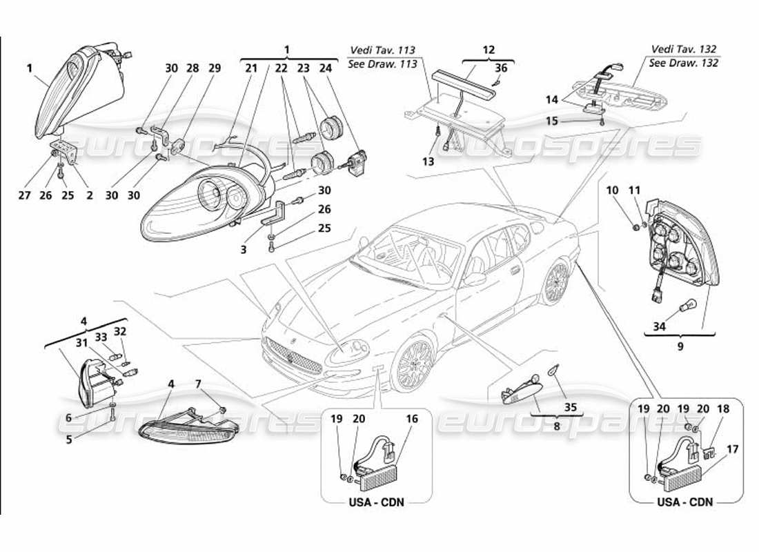 maserati 4200 gransport (2005) front and rear lights parts diagram