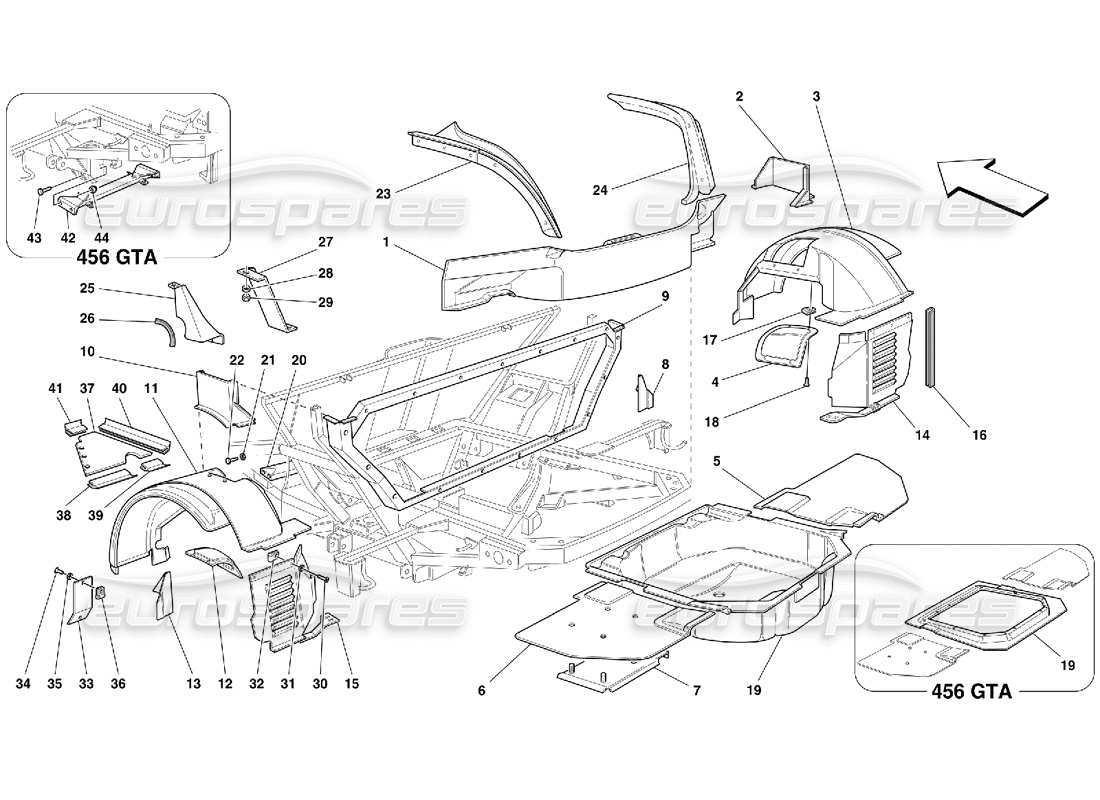 ferrari 456 gt/gta rear structures and components parts diagram