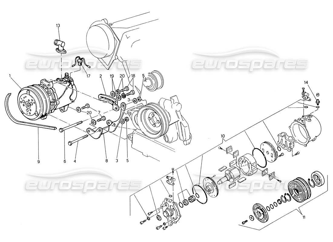 maserati 222 / 222e biturbo air compressor and brackets part diagram