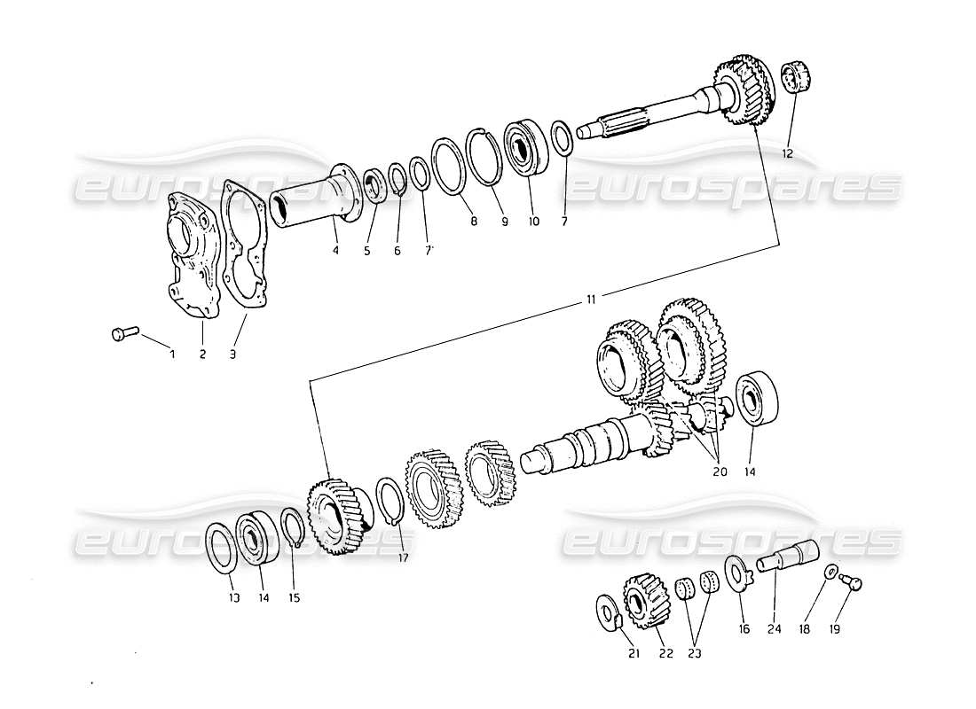 maserati biturbo 2.5 (1984) transmission layshaft and direct pto shaft parts diagram