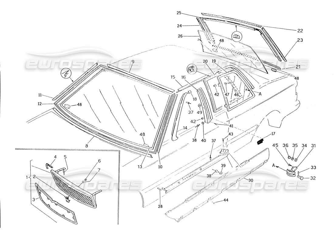 maserati karif 2.8 radiator grille, finishers-fixed glasses parts diagram