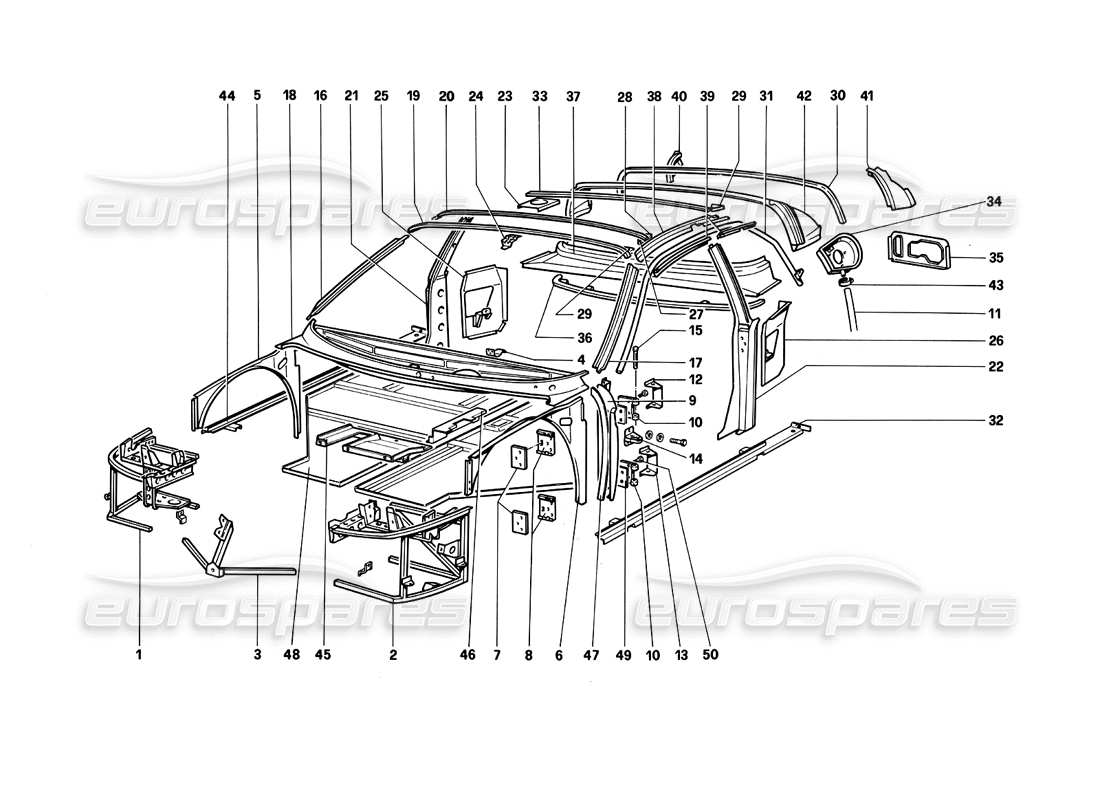 ferrari testarossa (1990) body - internal components parts diagram