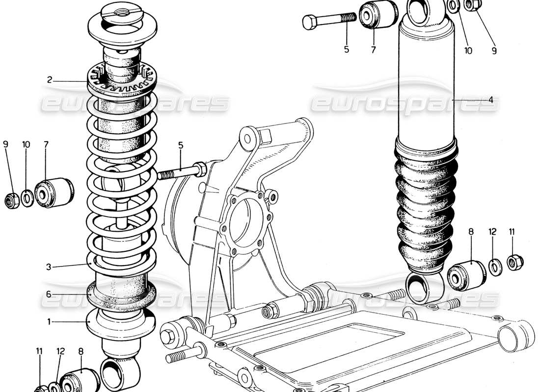 ferrari 365 gt4 2+2 (1973) rear suspension - shock absorber and self levelling unit parts diagram