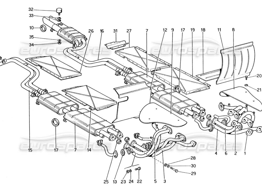 ferrari 365 gt4 2+2 (1973) exhaust manifold and piping part diagram