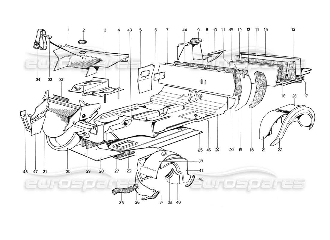 ferrari 208 gt4 dino (1975) body shell - inner elements part diagram