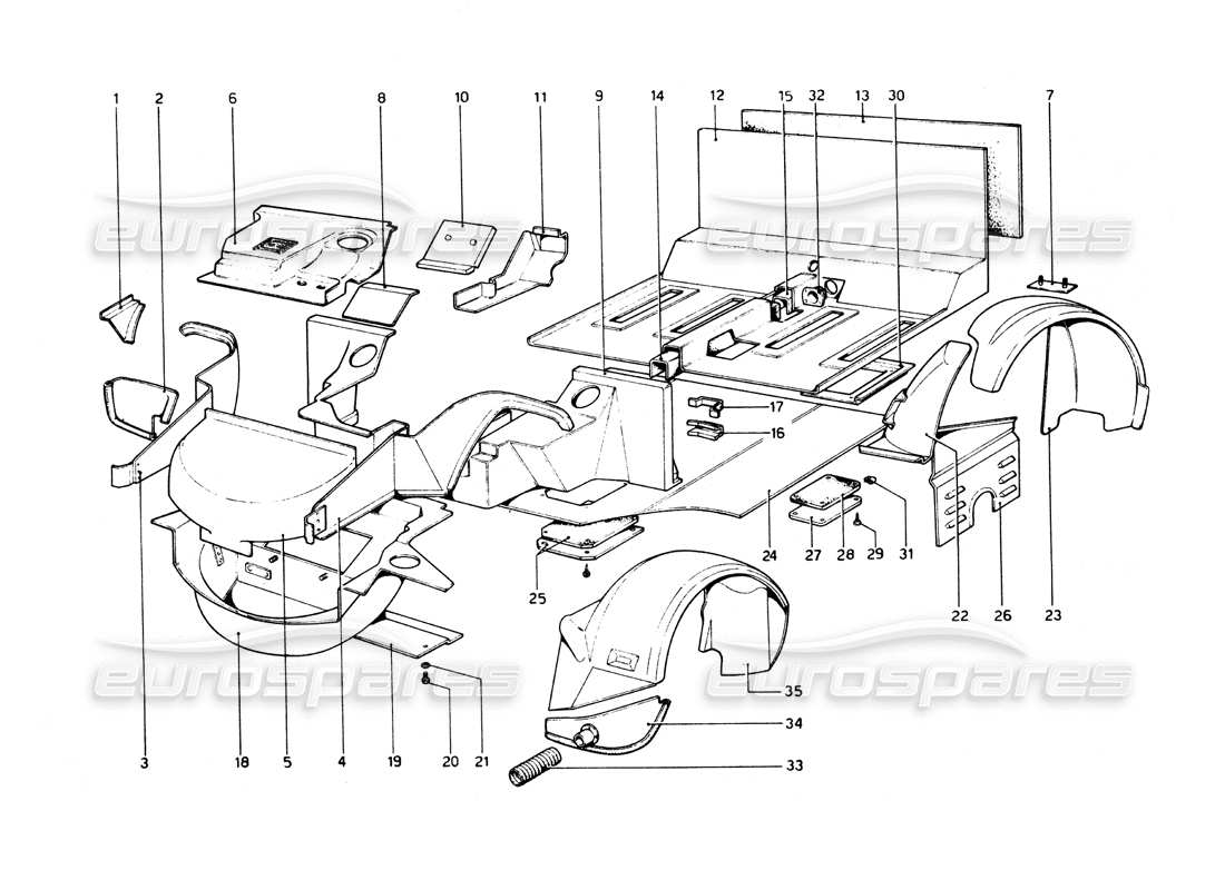 ferrari 512 bb body shell - inner elements part diagram