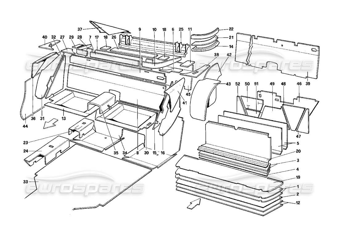 ferrari mondial 3.0 qv (1984) luggage and passenger compartment insulation parts diagram