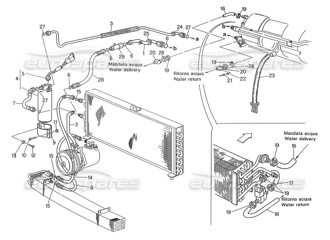 maserati 222 / 222e biturbo air conditioning system lh steering (pre modif.) part diagram