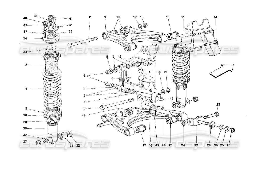 ferrari 512 tr rear suspension - wishbones and shock absorber parts diagram