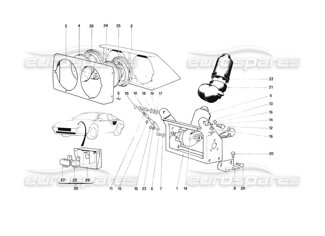 ferrari mondial 3.2 qv (1987) headlights lifting device and headlights parts diagram