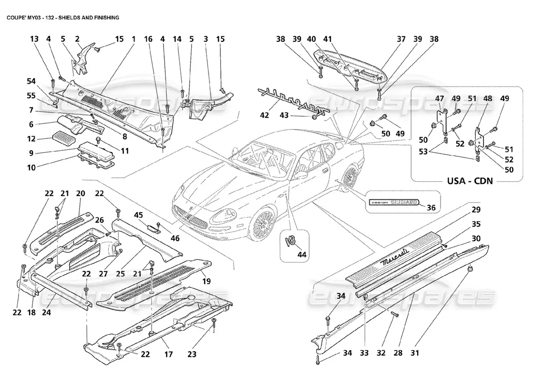 maserati 4200 coupe (2003) shields and finishing parts diagram