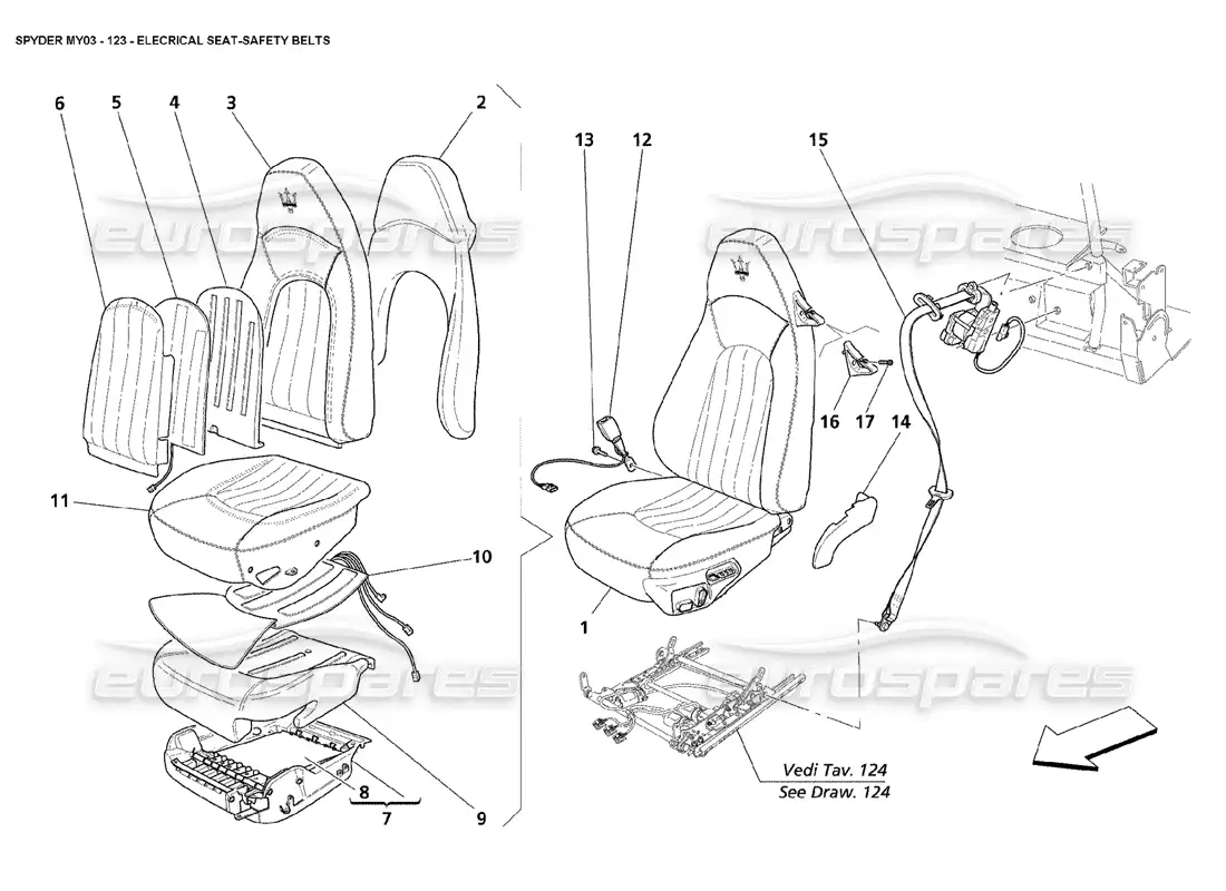 maserati 4200 spyder (2003) electrical seat - safety belt parts diagram