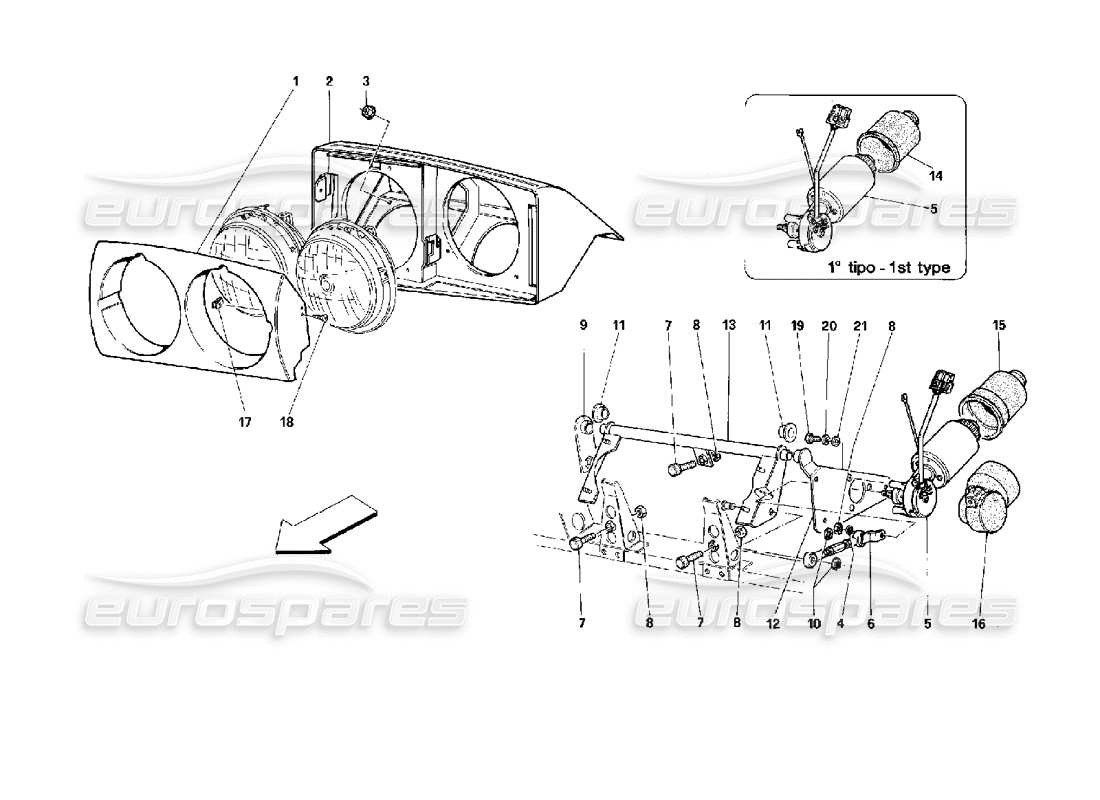 ferrari 512 tr front headlight lifting device parts diagram