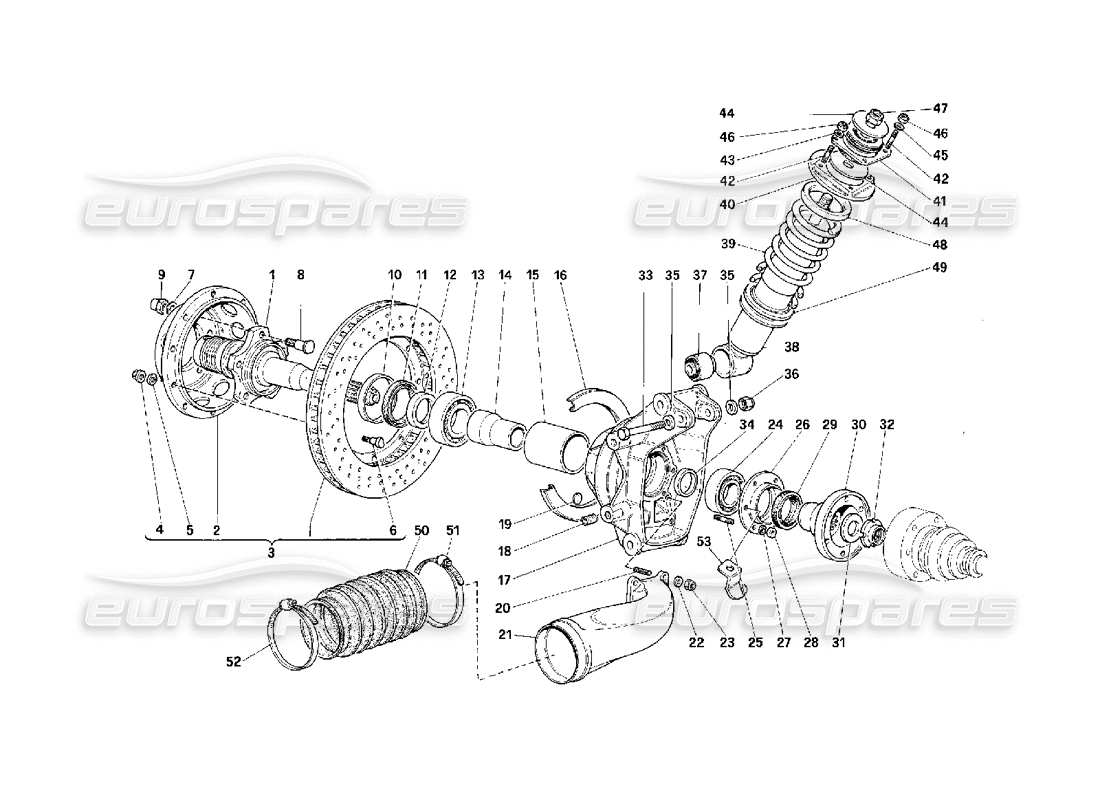 ferrari f40 rear suspension - shock absorber and brake disc parts diagram