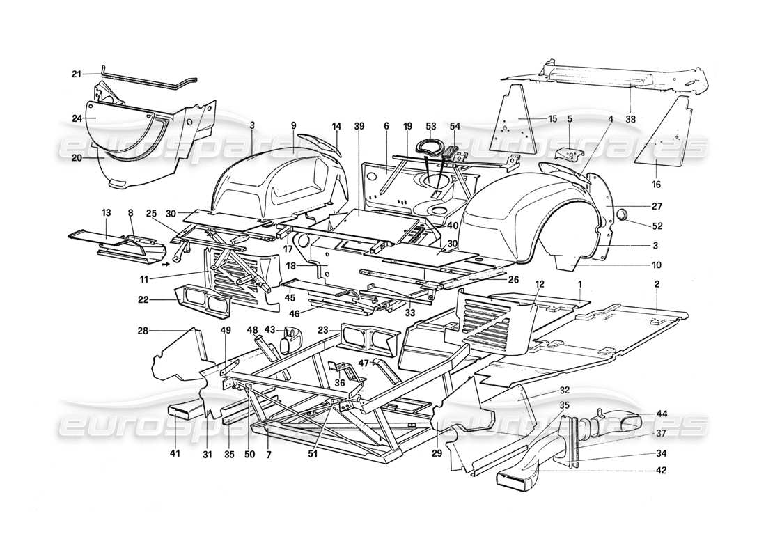 ferrari 288 gto body shell - inner elements parts diagram