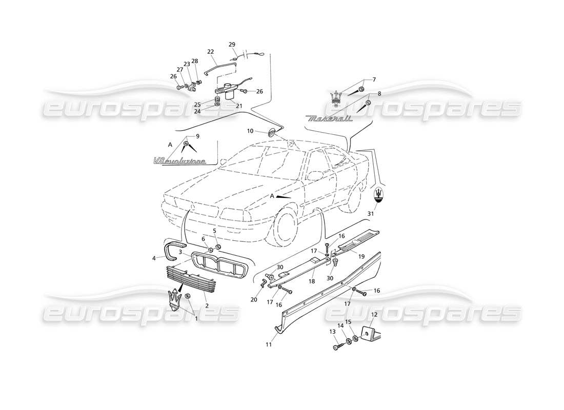 maserati qtp v8 evoluzione external finishing - badges parts diagram