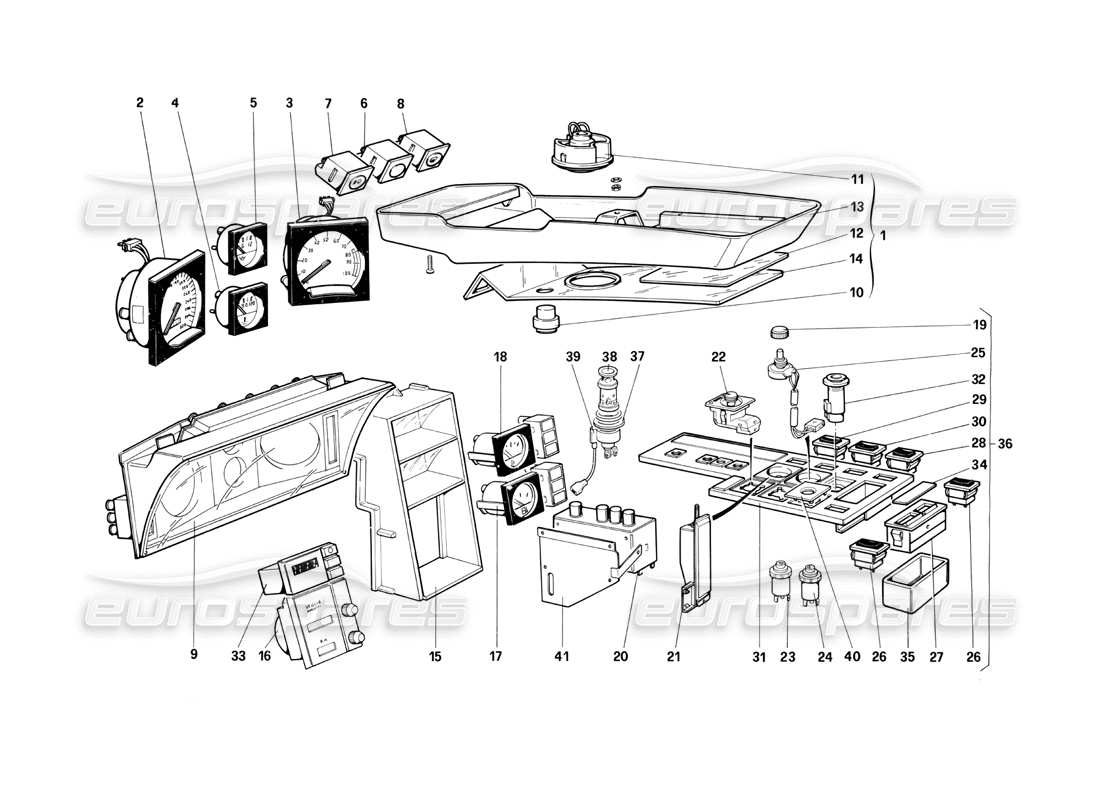 ferrari testarossa (1990) instruments and passenger compartment accessories (not for us version) parts diagram