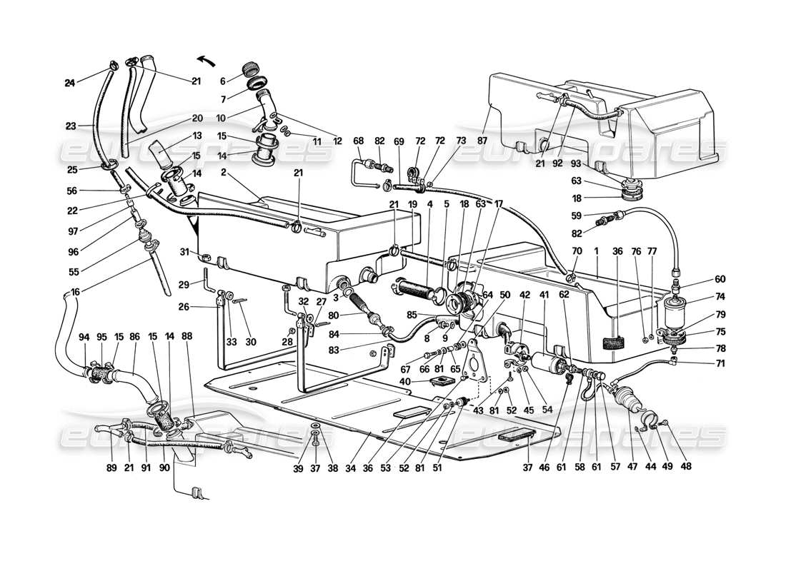 ferrari mondial 3.2 qv (1987) fuel pump and pipes (not for us version) part diagram
