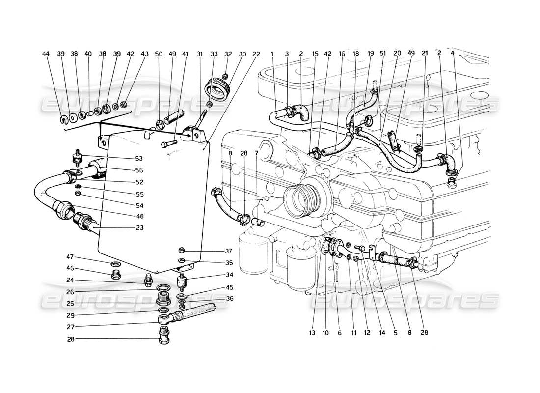 ferrari 512 bb lubrication - blow-by and oil reservoir part diagram