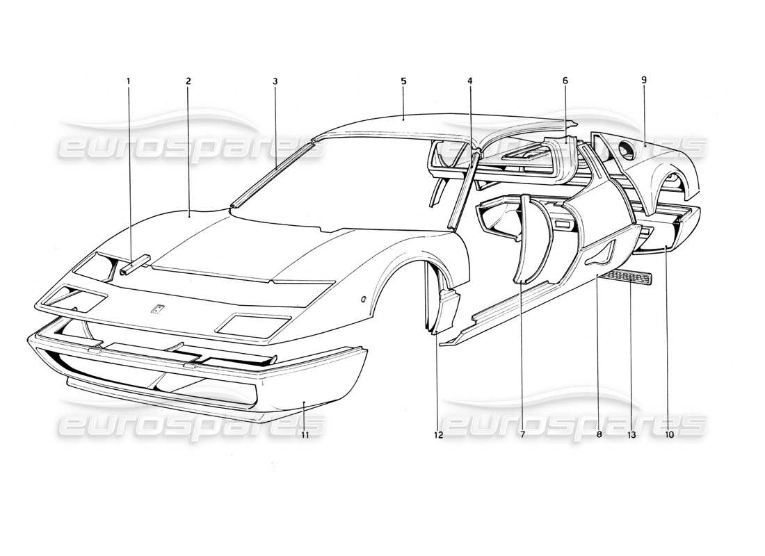 ferrari 512 bb body shell - outer elements parts diagram