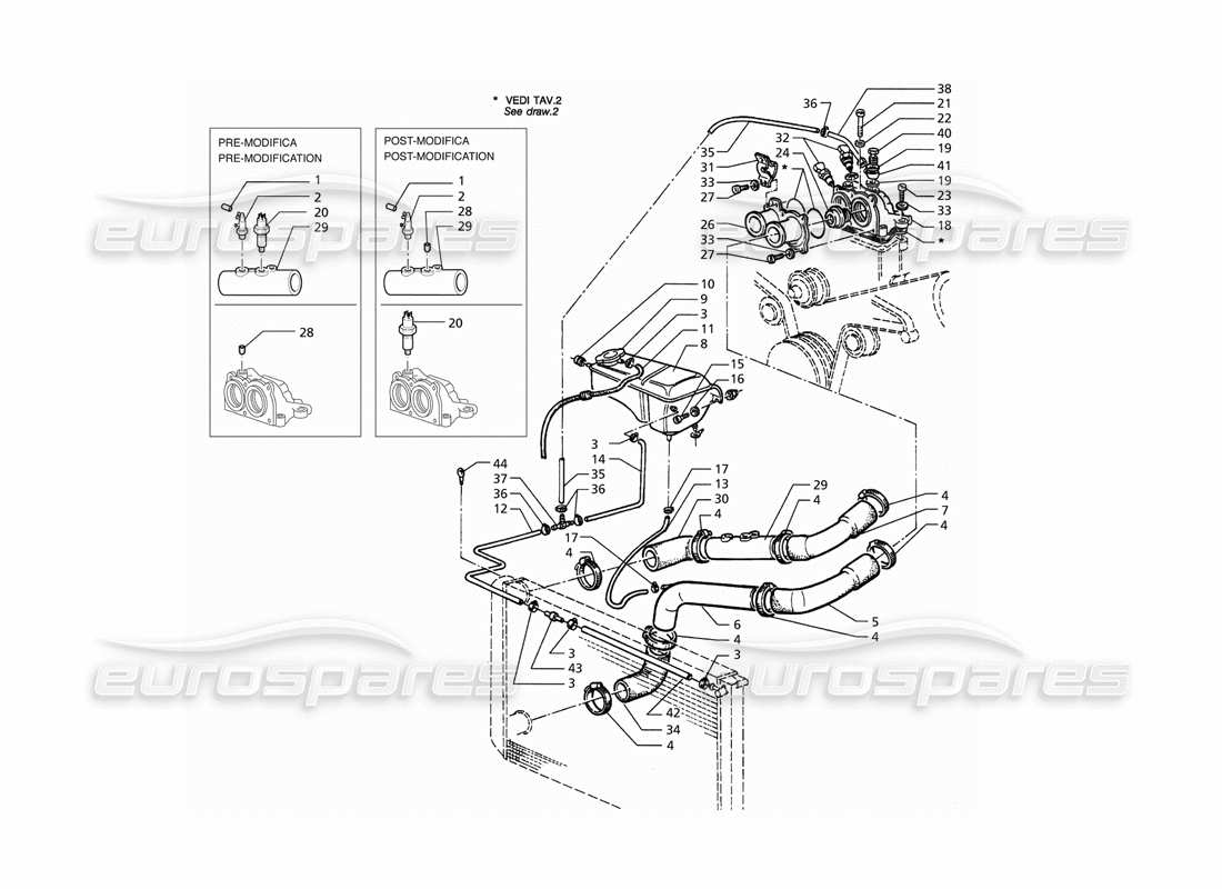 maserati qtp. 3.2 v8 (1999) engine cooling pipes and thermostat part diagram