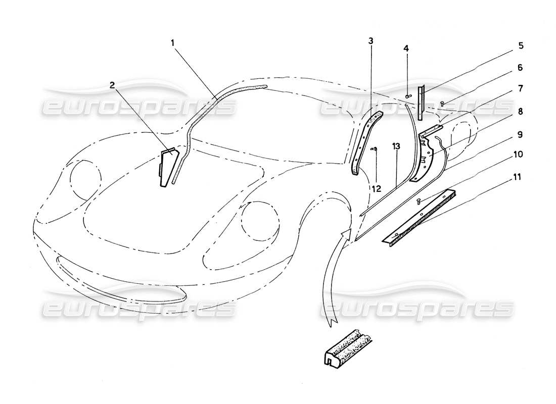 ferrari 206 gt dino (coachwork) finishing trim part diagram