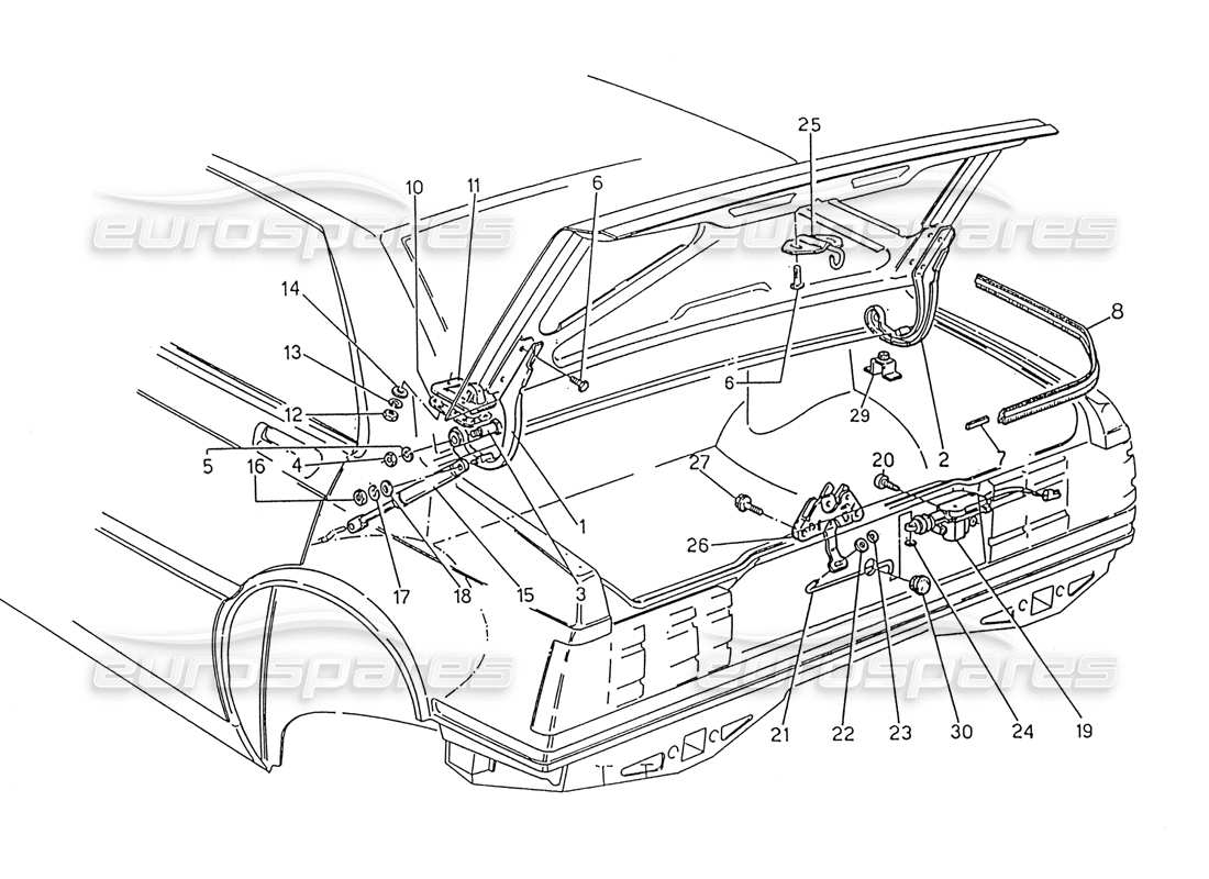 maserati 222 / 222e biturbo boot lid: hinges, boot lid release part diagram