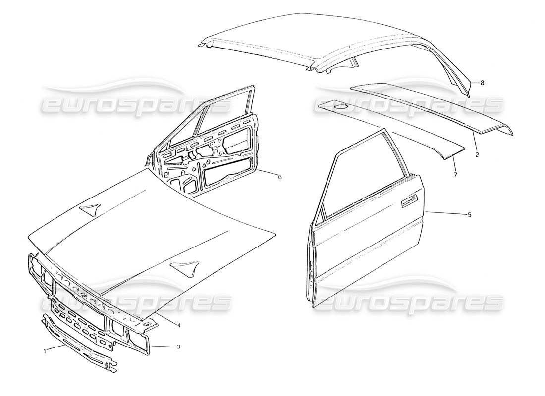 maserati karif 2.8 body shell: front panel, doors and hood, roof panel parts diagram