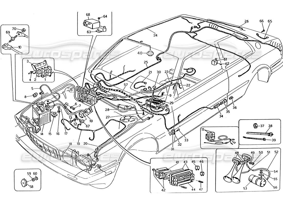 maserati 222 / 222e biturbo wiring harness and electrical components (lh steering) part diagram