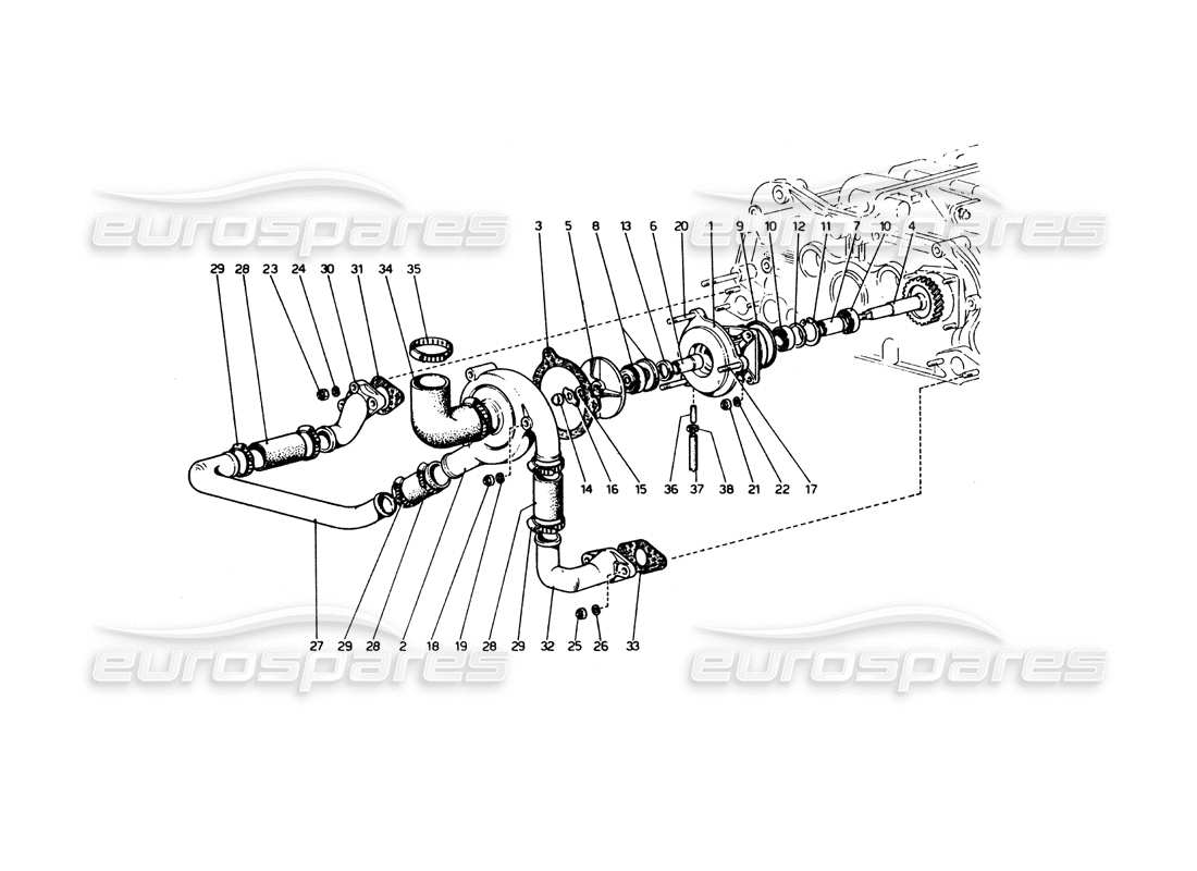 ferrari 365 gt4 berlinetta boxer water pump and pipes part diagram