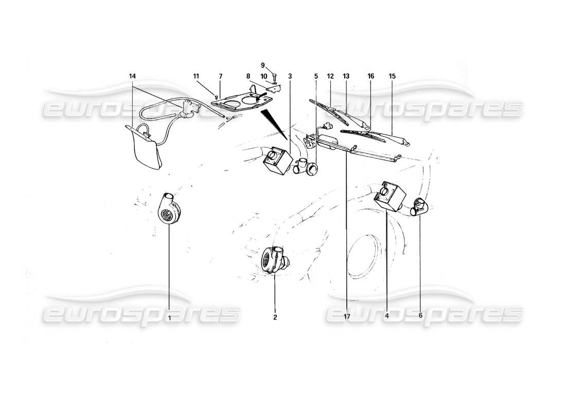 ferrari 400 gt (mechanical) coolinf electric fans, heating and windscreen washer part diagram