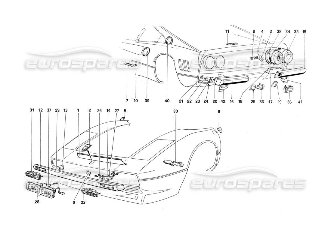 ferrari 288 gto bumpers - lights - outer name parts diagram