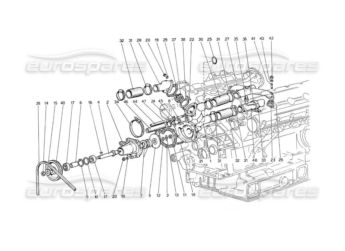 ferrari 208 gt4 dino (1975) water pump and pipings parts diagram