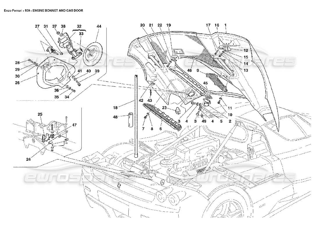 ferrari enzo engine bonnet and gas door parts diagram