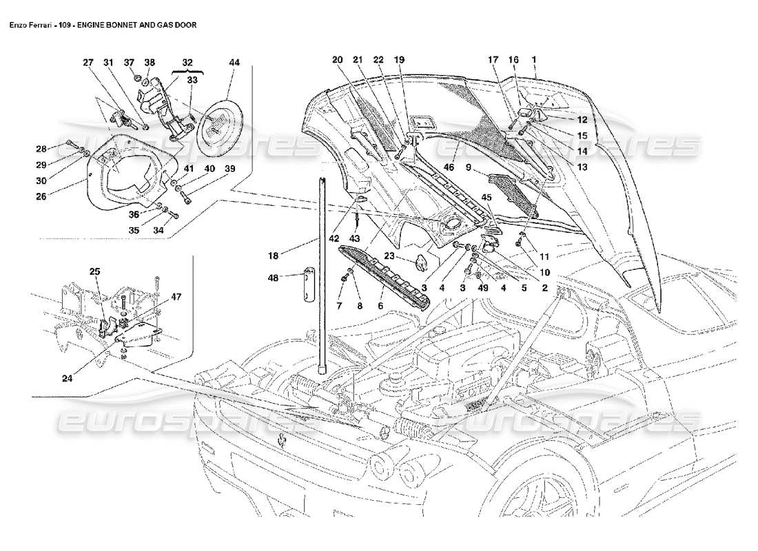 ferrari enzo engine bonnet and gas door part diagram