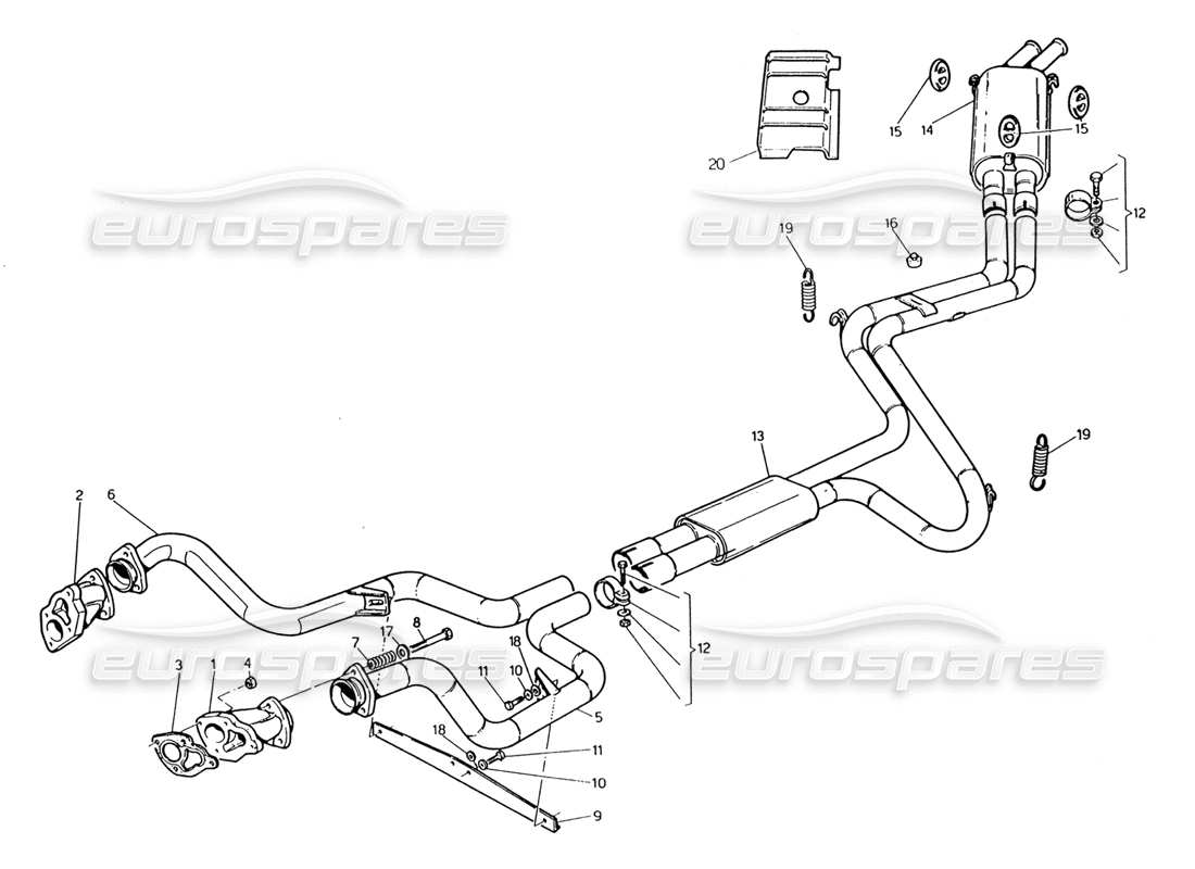 maserati 222 / 222e biturbo exhaust system without paint catalyst part diagram