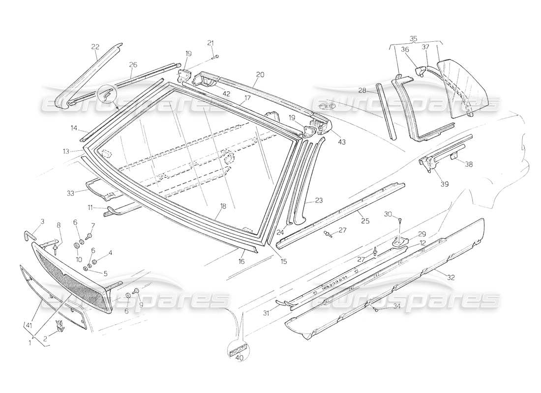 maserati biturbo spider radiator grille-finishers fixed glasses part diagram