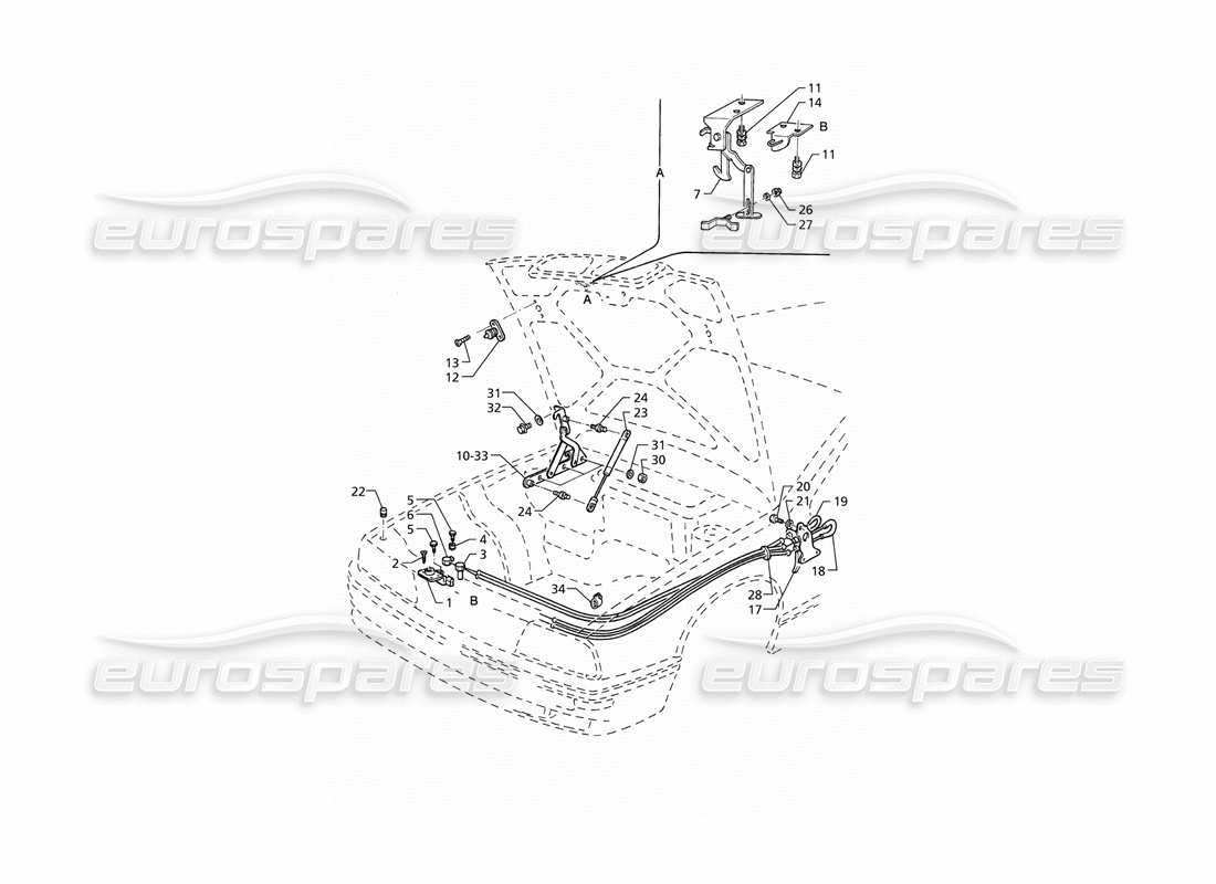 maserati qtp v8 (1998) bonnet: hinges and bonnet release parts diagram