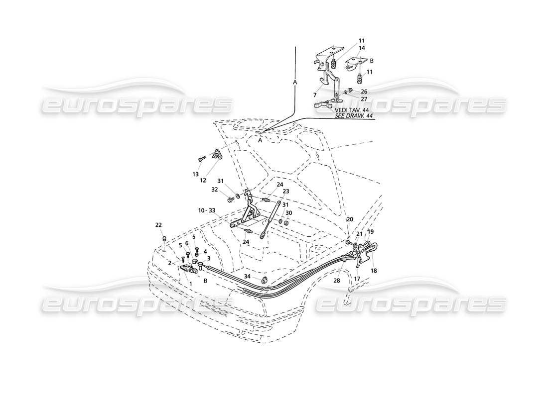 maserati qtp v8 evoluzione bonnet: hinges and bonnet release parts diagram